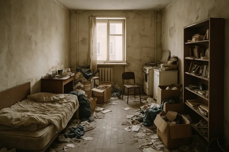 Intérieur d'un appartement insalubre avec objets désordonnés et murs défraîchis sous une lumière douce