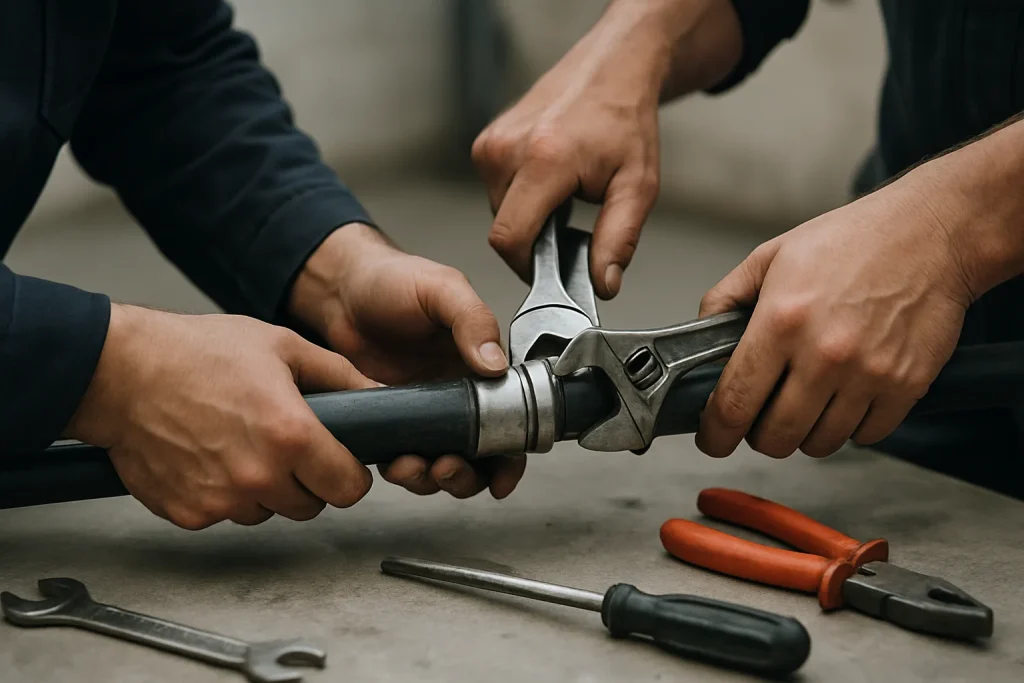 Des mains d'ouvriers réparant un tuyau endommagé après un dégât des eaux, outils autour.
