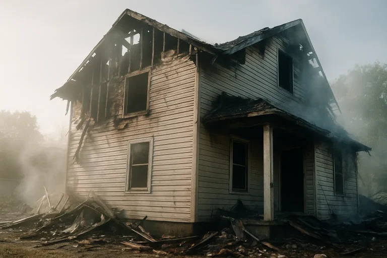 Maison endommagée par un sinistre, avec débris et fumée résiduelle visible.