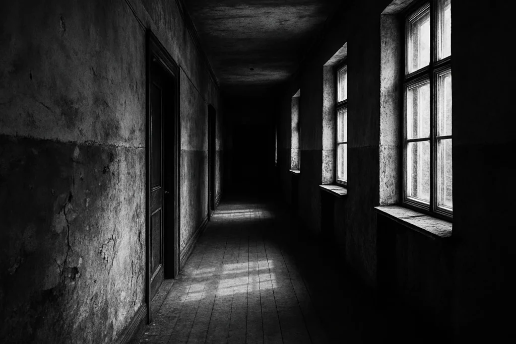 Couloirs vides dans un immeuble ancien, éclairage filtrant par les fenêtres, ambiance nostalgique.