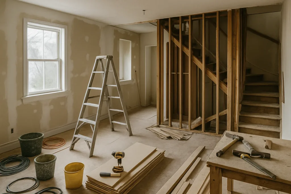 Maison en rénovation avec outils et matériaux, ambiance de travail active.