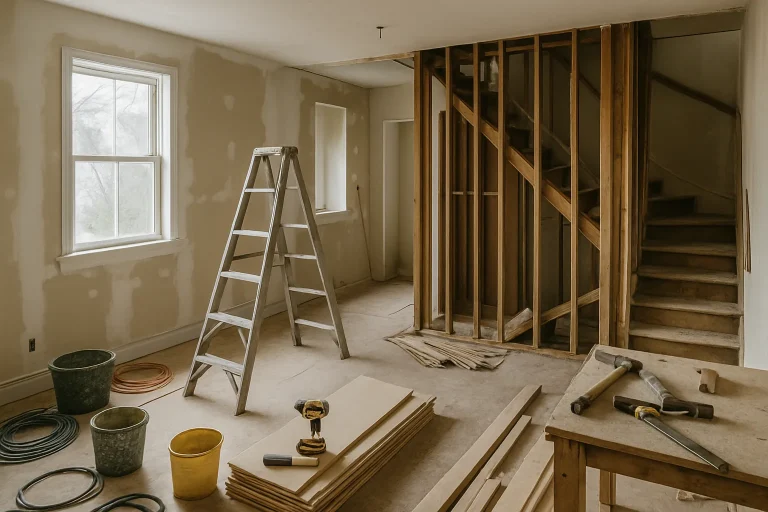 Maison en rénovation avec outils et matériaux, ambiance de travail active.