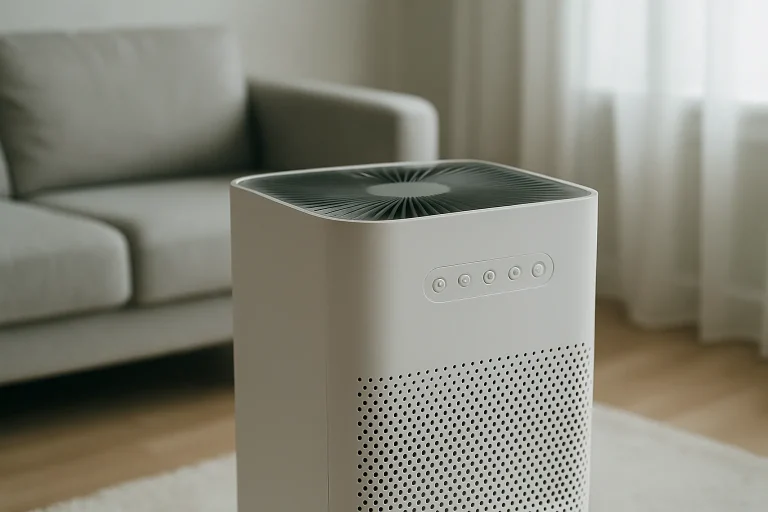 Purificateur d'air fonctionnant dans une pièce nettoyée après un incendie, détails visibles.