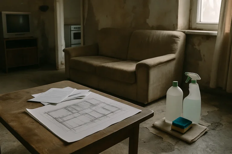 Intérieur de logement dégradé avec documents et objets de nettoyage sur une table.