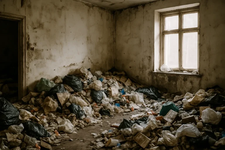 Intérieur insalubre avec déchets amoncelés et murs tachés, lumière douce.