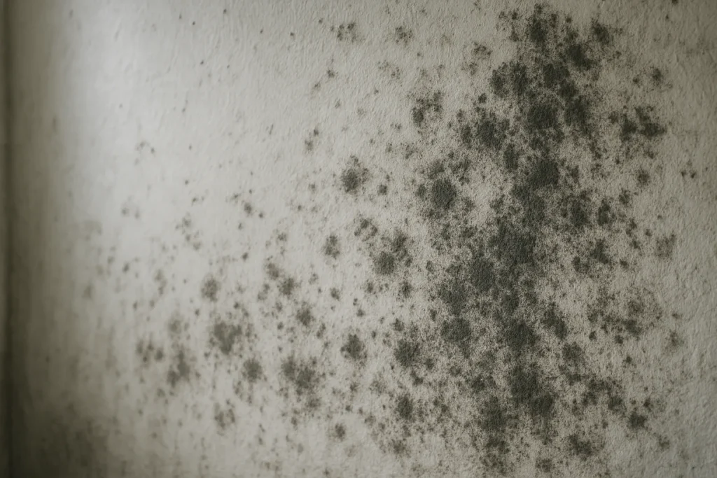 Gros plan sur un mur montrant des moisissures dues à une fuite d'eau non déclarée.