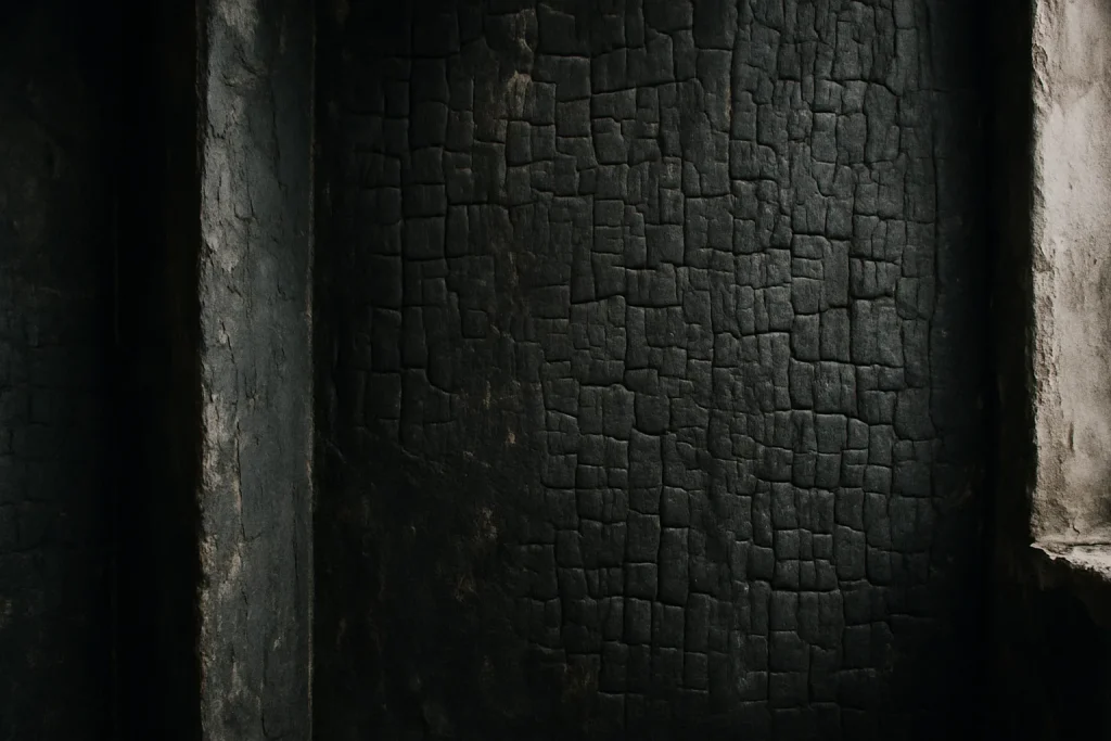Gros plan sur des murs calcinés avec suie, lumière naturelle, texture brûlée.