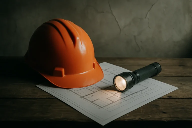 Casque de chantier posé sur des plans de bâtiment, éclairé latéralement.