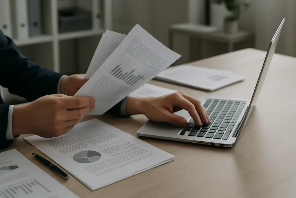 Mains organisant des documents et utilisant un ordinateur pour préparer un dossier d'assurance dans un bureau moderne.