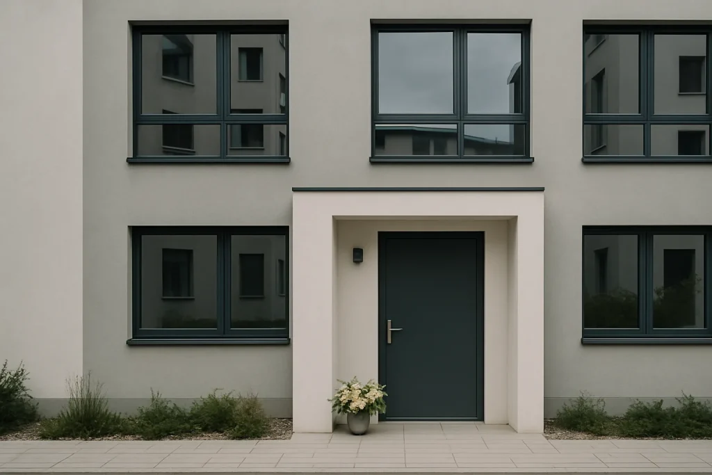 Immeuble moderne avec porte d'entrée et fleurs posées devant, lumière du jour