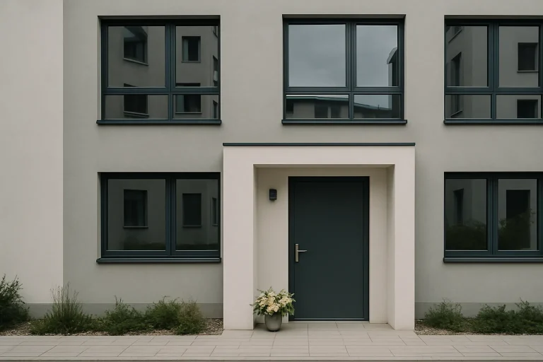 Immeuble moderne avec porte d'entrée et fleurs posées devant, lumière du jour