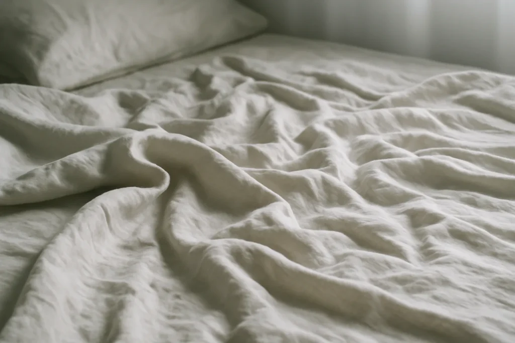 Draps froissés sur un lit montrant la nécessité de nettoyage après un traitement insecticide.