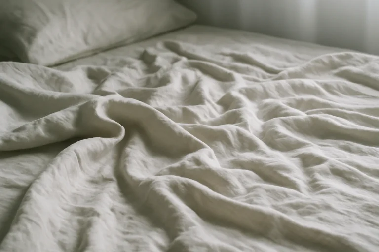 Draps froissés sur un lit montrant la nécessité de nettoyage après un traitement insecticide.
