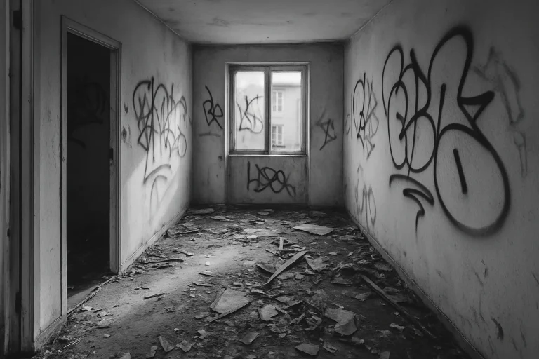 Vue noir et blanc d'un appartement vandalisé avec débris au sol et graffitis.