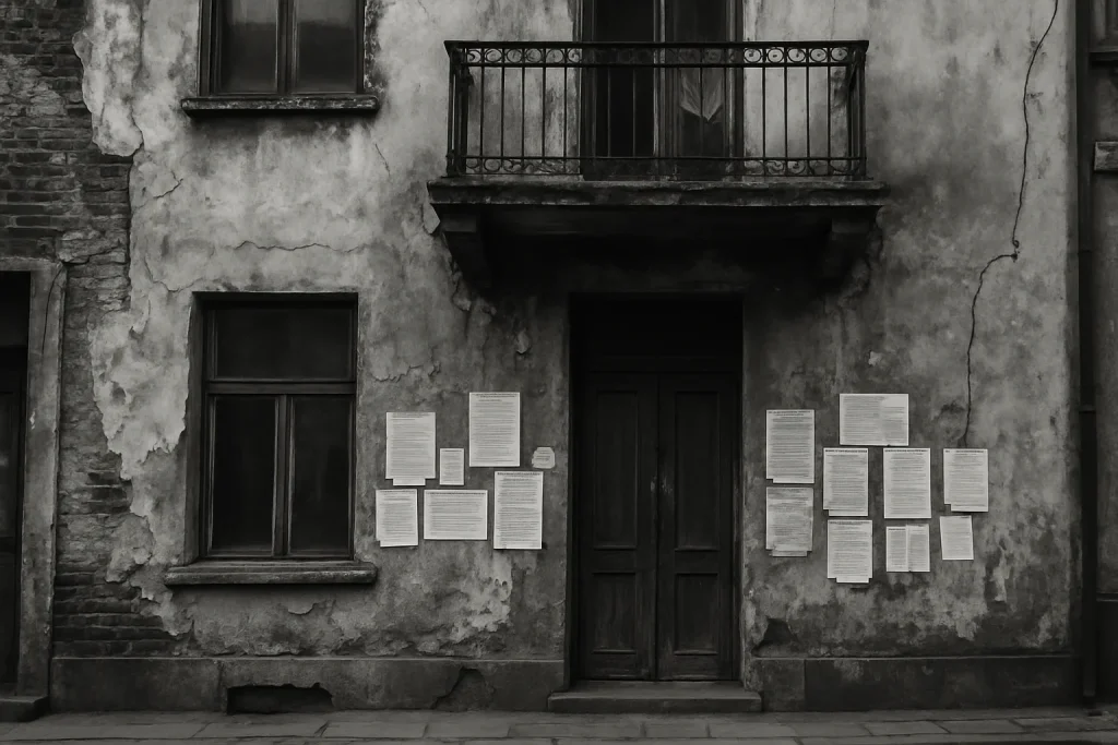 Façade délabrée avec affiches d'avis officiels en noir et blanc, contraste élevé