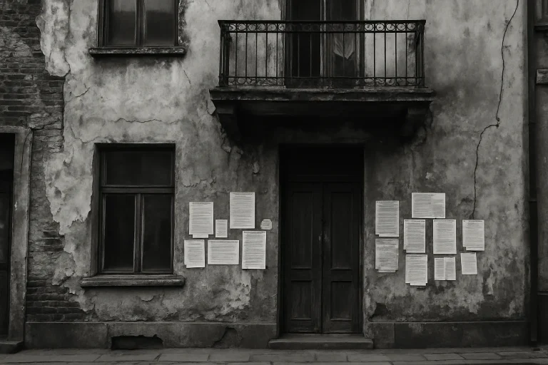 Façade délabrée avec affiches d'avis officiels en noir et blanc, contraste élevé