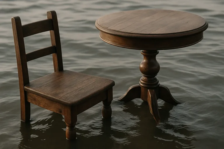 Meubles en bois partiellement submergés dans l'eau, lumière douce.