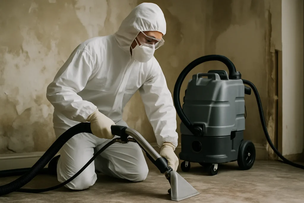 Technicien en tenue de protection manipulant des équipements de nettoyage dans un intérieur endommagé