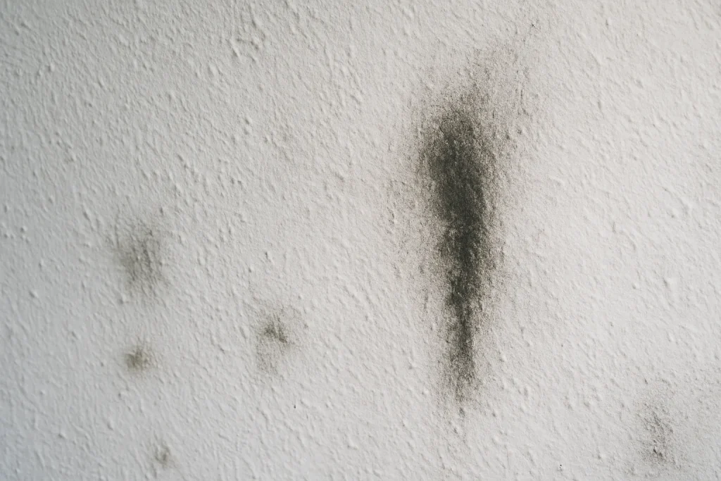 Mur blanc avec des traces de suie réapparues, détails visibles.