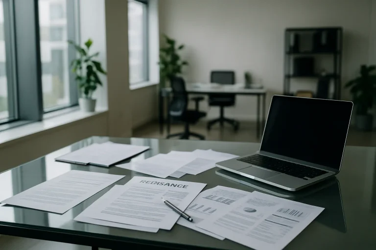 Bureau d'assurance avec documents et ordinateur portable, lumière naturelle