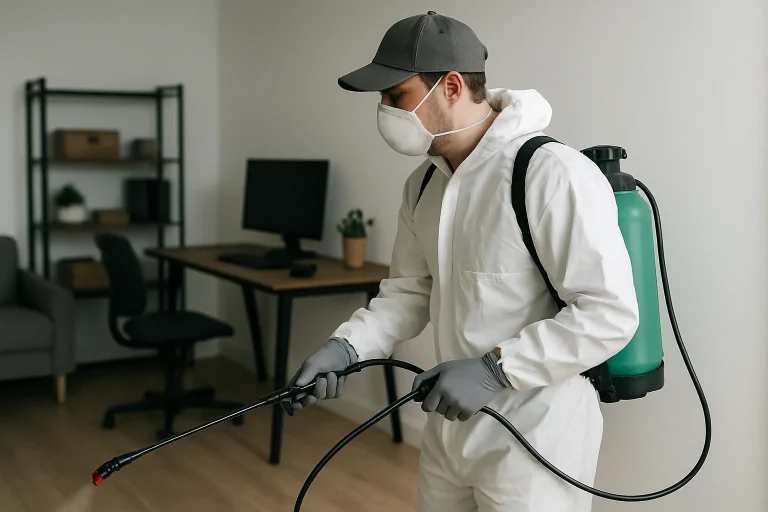 Technicien utilisant un pulvérisateur dans un studio pour traiter les punaises de lit.