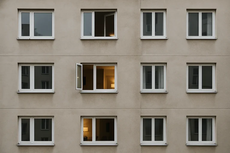 Vue extérieure d'un immeuble avec fenêtres ouvertes, lumière du jour