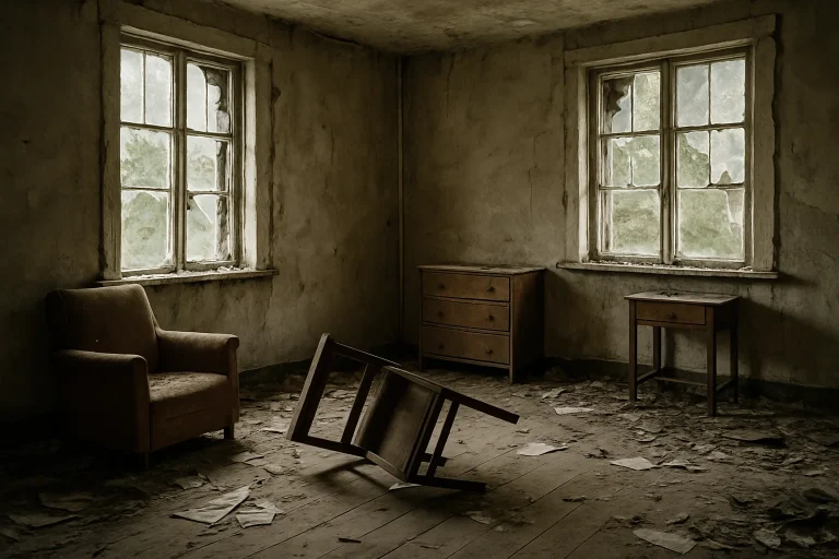Intérieur d'une maison squattée avec des meubles renversés et détritus.