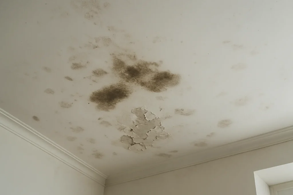 Plafond endommagé par l'eau avec taches sombres visibles.