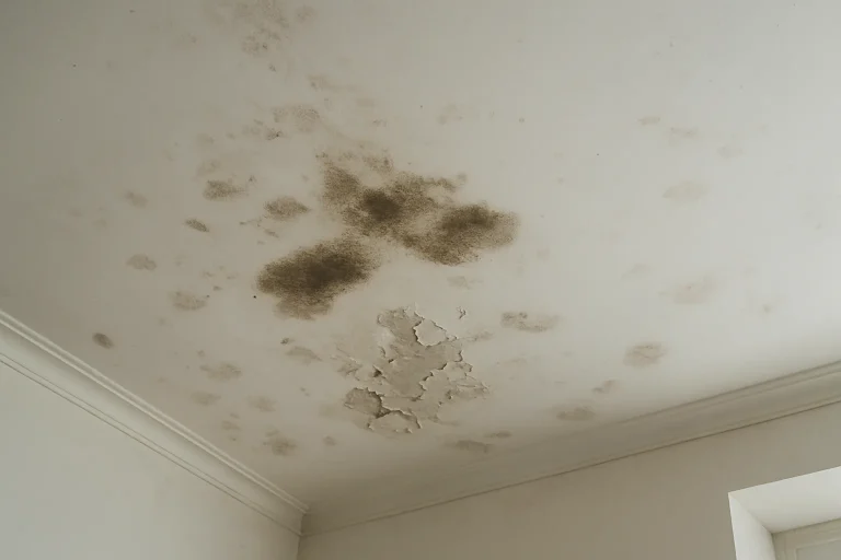Plafond endommagé par l'eau avec taches sombres visibles.