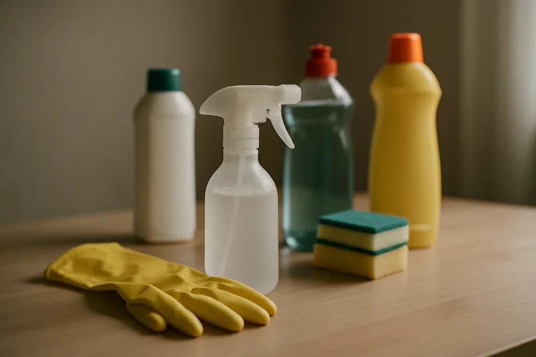 Produits de nettoyage sur une table, avec gants et désinfectant en lumière douce.
