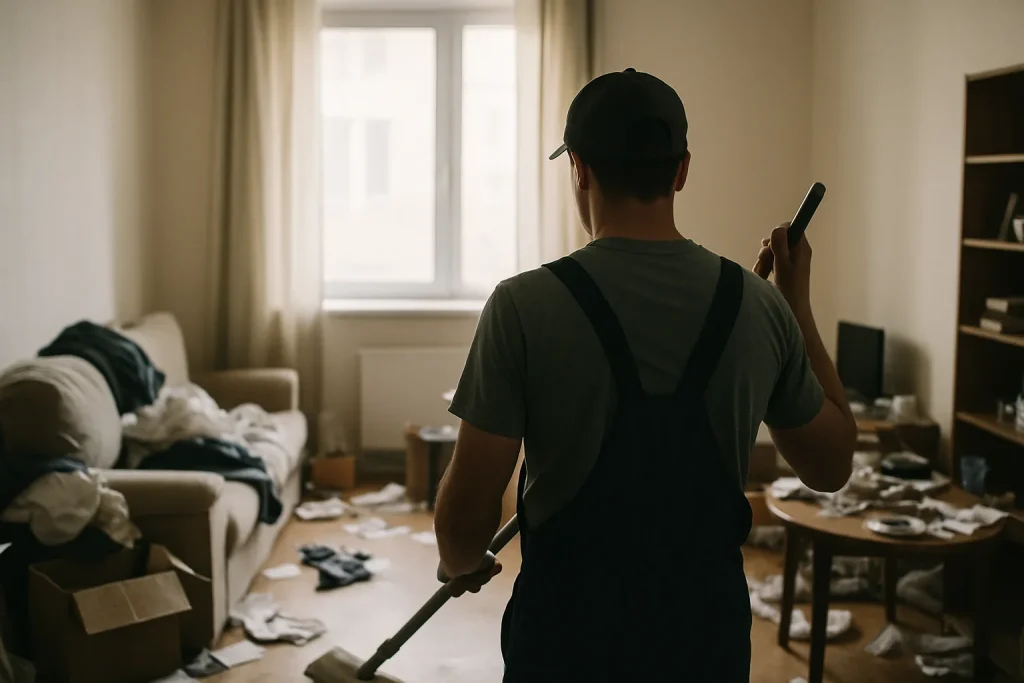 Travailleur de dos nettoyant un appartement encombré avec lumière douce
