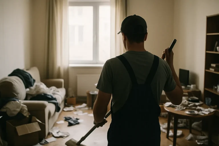 Travailleur de dos nettoyant un appartement encombré avec lumière douce