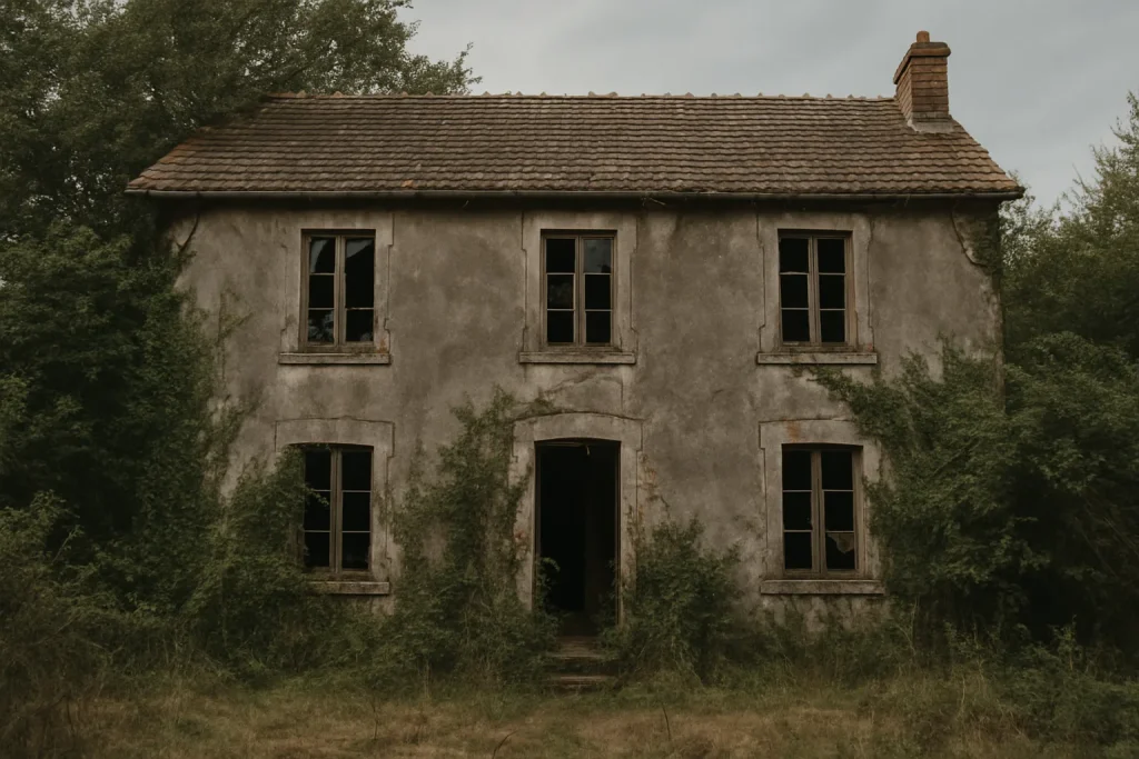 Maison abandonnée envahie par la végétation, façade délabrée.