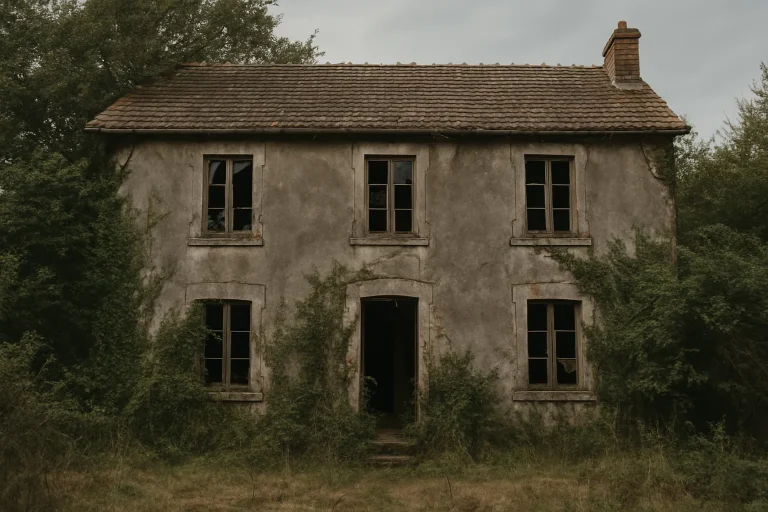 Maison abandonnée envahie par la végétation, façade délabrée.