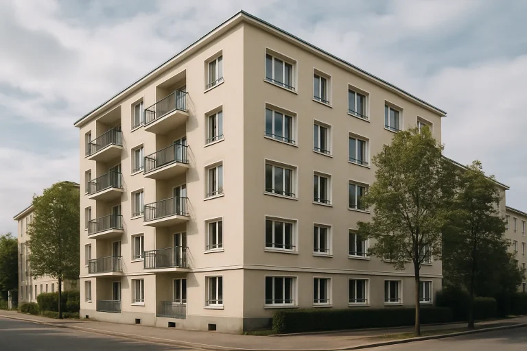 Façade d'un immeuble résidentiel bien entretenu sous un ciel légèrement nuageux.