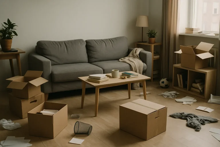 Salon rempli de cartons et objets divers sous une lumière douce