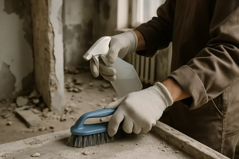 Des mains en gants utilisant des outils de nettoyage dans une pièce post-sinistre.