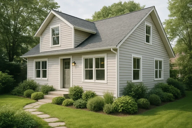 Façade d'une maison rénovée avec jardin, éclairage diurne, angle surélevé.