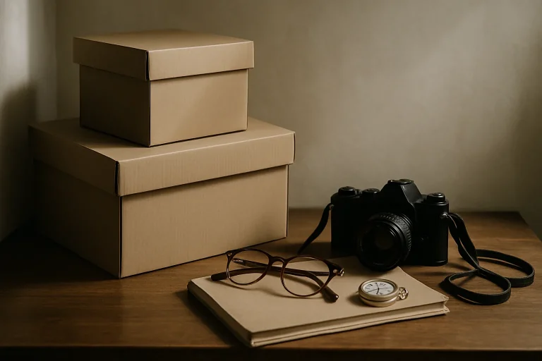 Boîtes en carton et objets personnels sur une table, lumière douce.