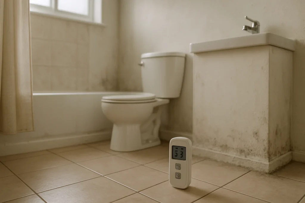Salle de bain montrant un détecteur d'humidité posé sur le sol, murs humides.