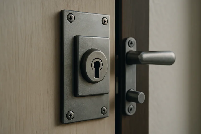Gros plan d'une serrure de porte renforcée, lumière naturelle, détails métalliques