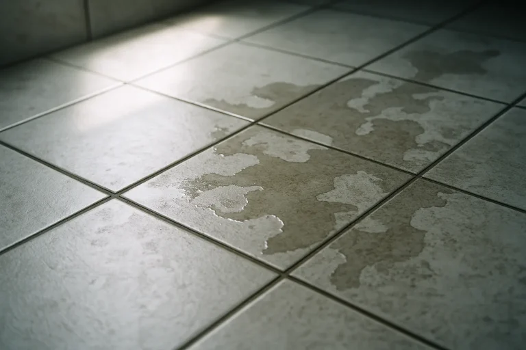 Gros plan sur un sol carrelé avec des traces d'eaux usées suite à une inondation