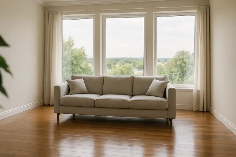 Salon moderne et lumineux, parquet brillant, grandes fenêtres, prêt pour la vente.