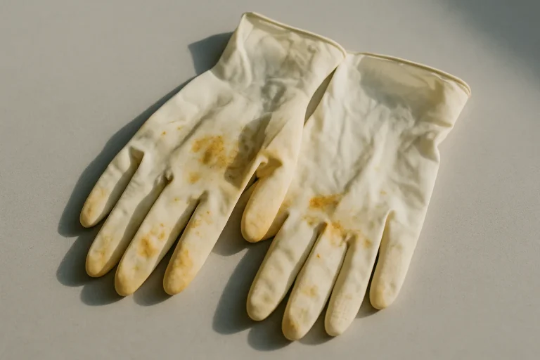 Gros plan sur des gants en latex tachés de produits chimiques sur fond uni.