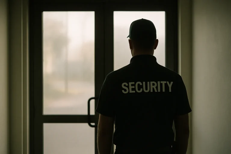 Silhouette d'un agent de sécurité devant une porte fermée, ambiance d'attente