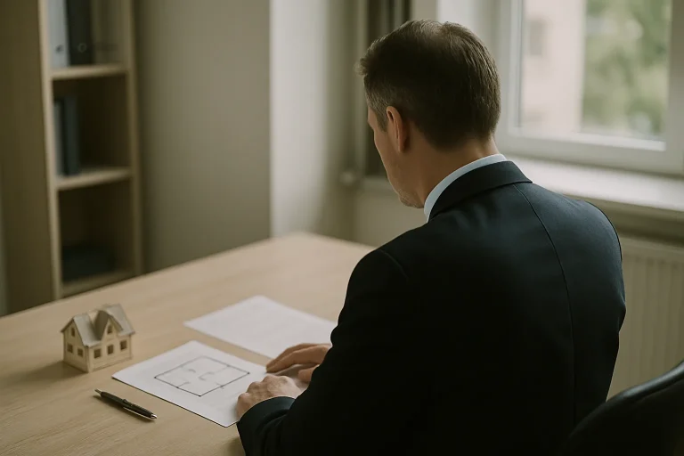 Notaire de dos dans un bureau, documents immobiliers sur une table, lumière douce.