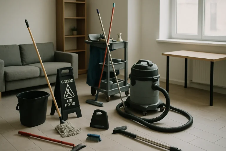 Un ensemble d'équipements de nettoyage professionnel dans un intérieur encombré.