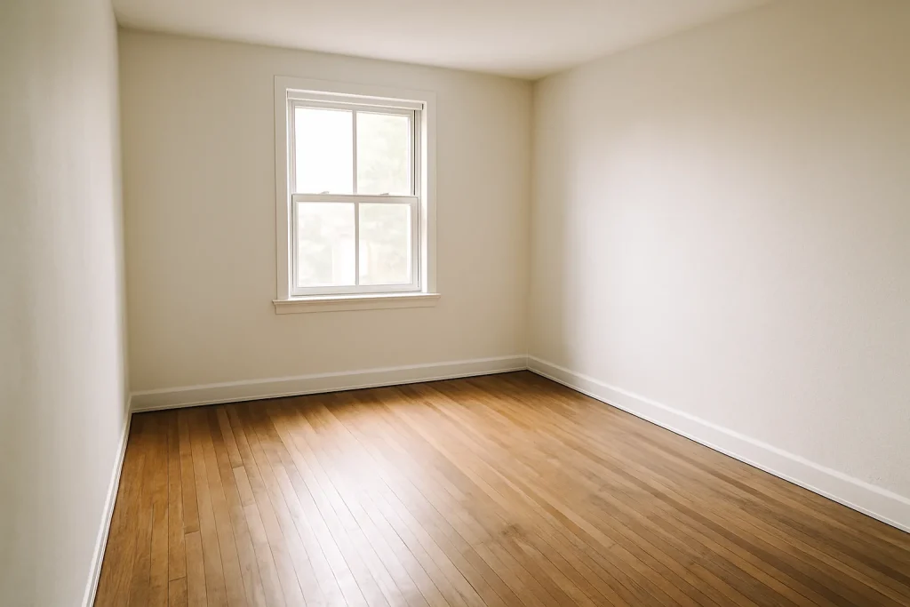 Chambre vide avec parquet visible après débarras, prête pour désinsectisation.