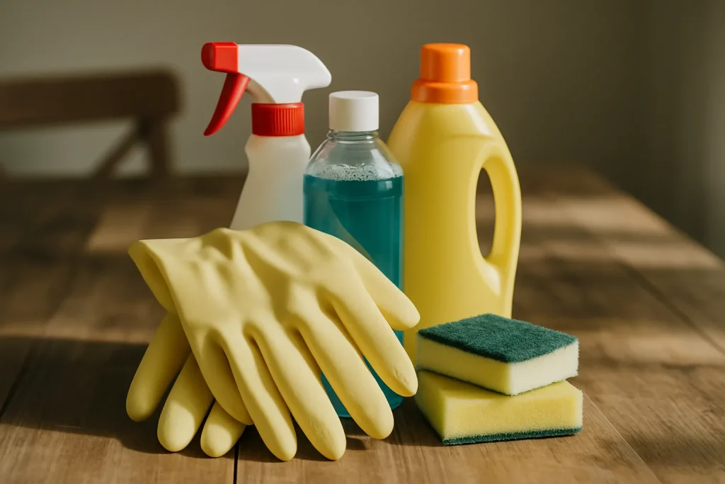 Gants en caoutchouc et produits de nettoyage sur une table, lumière naturelle.
