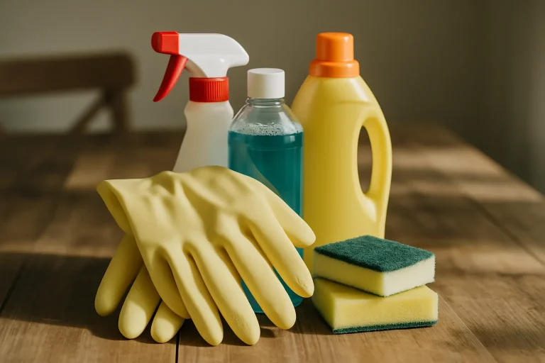 Gants en caoutchouc et produits de nettoyage sur une table, lumière naturelle.